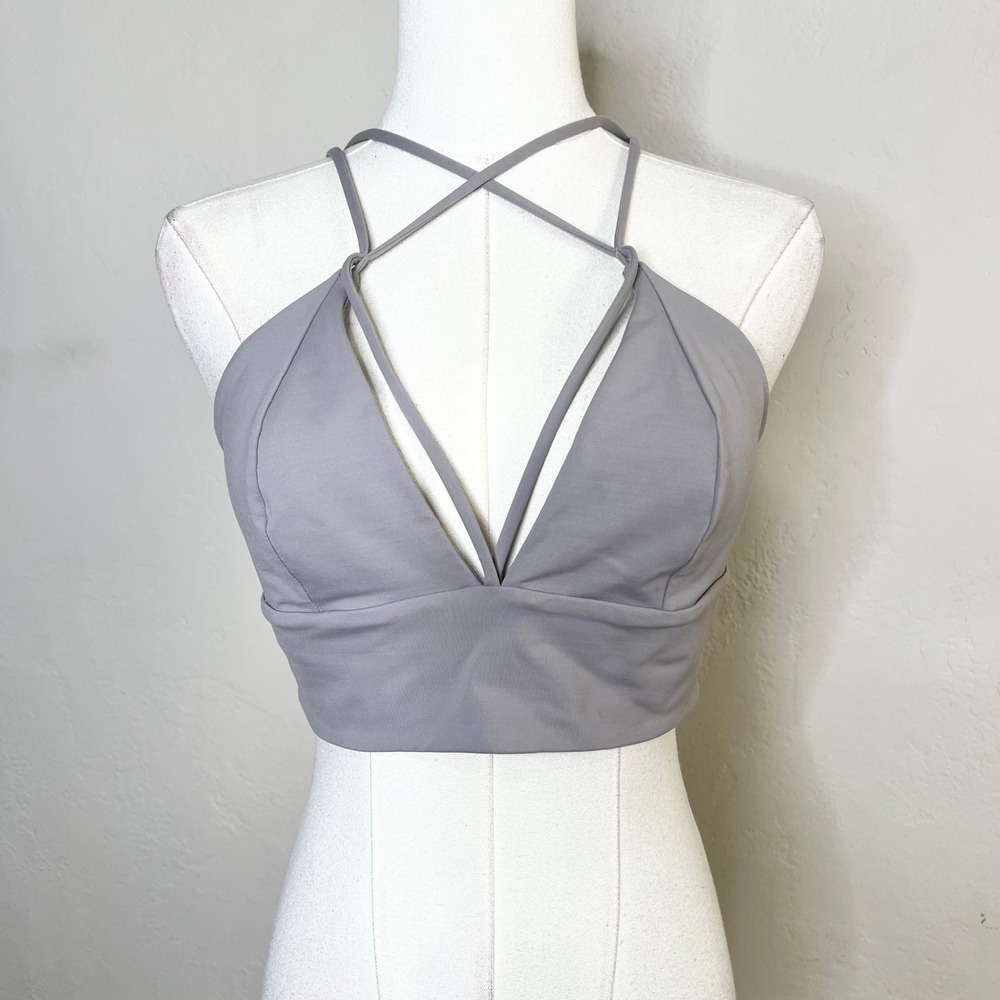 Lululemon Sports Bra Pushing Limits Size 10 Lunar Rock Gray Strappy V-Neck Yoga - Picture 1 of 6